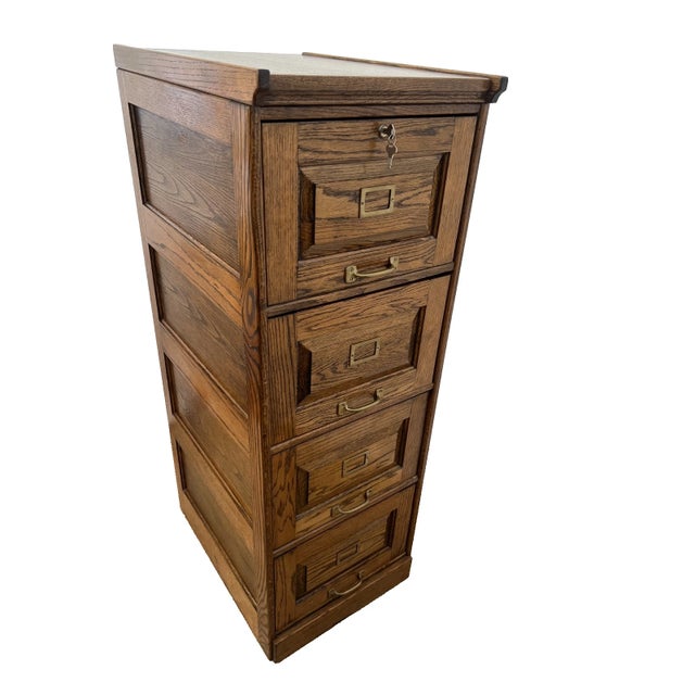 Arts & Crafts Vintage Tiger Oak File Cabinet Four Drawers One Locks Paneled Sides Legal SIze For Sale - Image 3 of 12