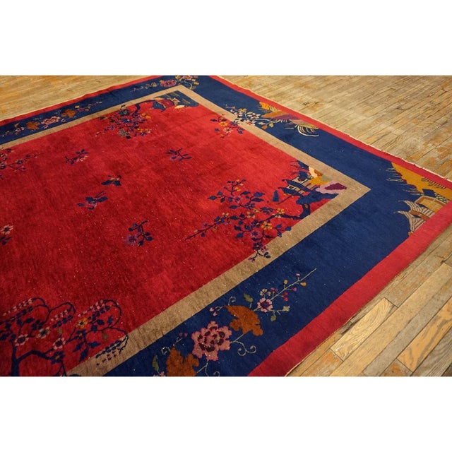 1920s Red Floral Antique Chinese Art Deco Rug 9' X 9'9'' Handknotted Wool Carpet For Sale - Image 4 of 9
