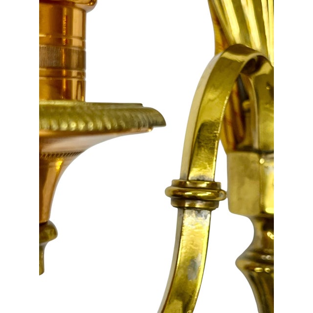 Vintage Pair of Brass & Copper Neoclassical Double-Arm Wall Sconces With Pleated Silk Shades For Sale - Image 13 of 18