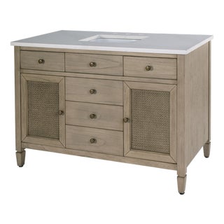 Flagstaff 48 in W. Wood & Quartz 5 Drawer Single Sink Bathroom Vanity, Desert Sand For Sale