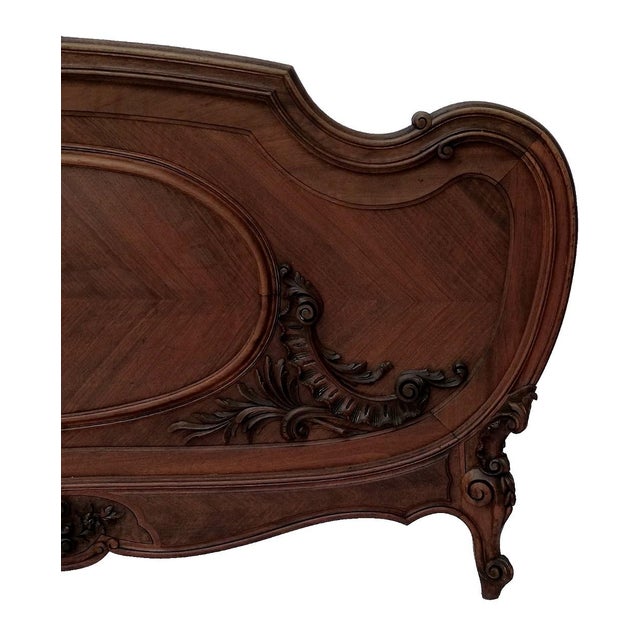 Antique French Louis XV Walnut Bed – Rococo Carved Queen Adaptable Circa 1900s For Sale - Image 10 of 18