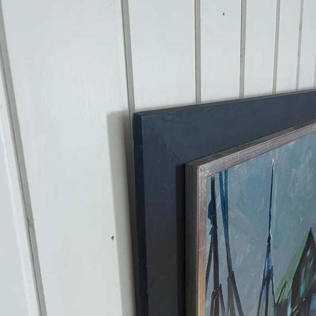 Blue 1950s Large Mid-Century Swedish Modernist Harbor Oil Painting by Dag Björn Hellsing For Sale - Image 8 of 11