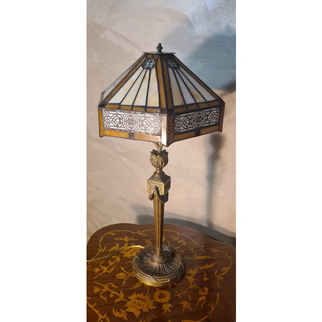 Antique Bronze Base Lamp with Handmade Stained Glass Lampshade, 1890, in Very Good conditions. Designed 1890 to 1919...