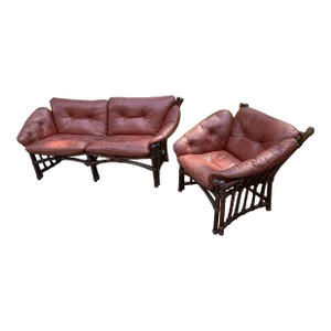 Mid 20th Century Leather and Rattan Sofa and Chair After Percival Lafer - Set of 2