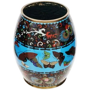 Large Antique Meiji Japanese Cloisonne Enamel Barrel Vase With Butterflies