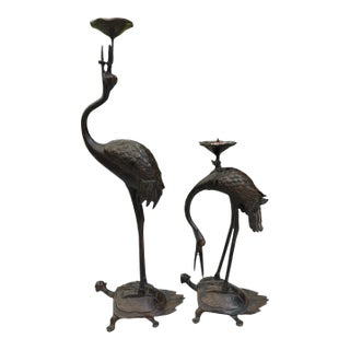Vintage MCM Cast Iron Crane Heron Candlestick Holders Turtle Base Japan Pair For Sale
