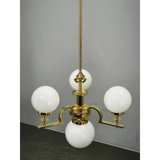 Vintage Art Deco Brass and Opaline Glass Globe Chandelier, Czechoslovakia, 1930s For Sale - Image 11 of 12