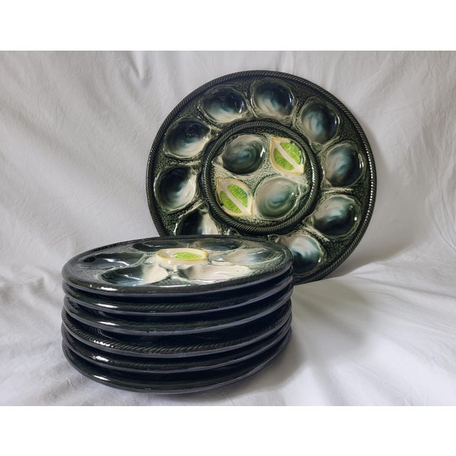 Mid-Century French Majolica Oyster Service from Saint-Clement, 1950s, Set of 7 For Sale - Image 9 of 9