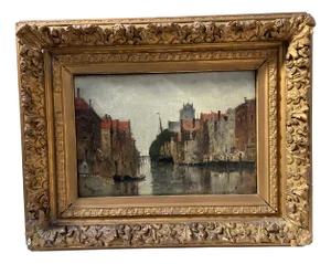 Frank Boggs, View of the Dutch City of Dordrecht on the Canal, 19th Century, Oil on Canvas, Framed