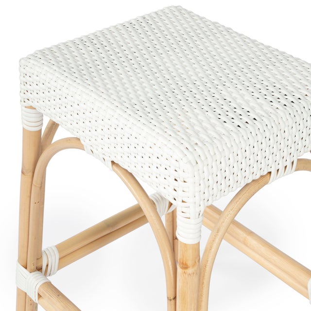 White Robias 24.5 in. Seat Height Rectangular Rattan Backless Counter Stool with Footrest, Glossy White/ Natural Rattan Frame For Sale - Image 8 of 9