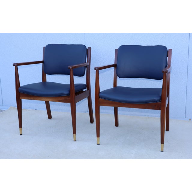1960's Walnut Armchairs With Blue Leather Upholstery - A Pair For Sale - Image 10 of 12