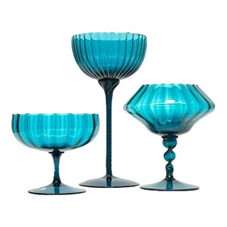 Empoli Turquoise Ribbed Glass Stemmed Bowl Curation - Group of 3 For Sale