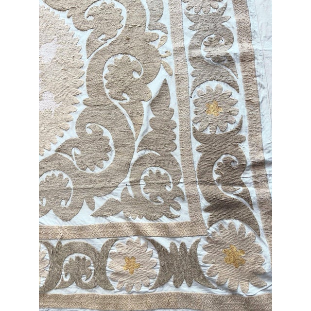 Mid-Century Modern Neutral Tan Uzbekistan Suzani Embroidered Wall Hanging 4' X 4'9'' For Sale - Image 3 of 9