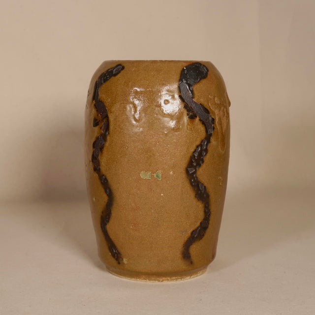 Contemporary Organic Wheel Thrown Wood-Fired Stoneware Vase With Snake-Like Raised Surface Lines For Sale - Image 3 of 15