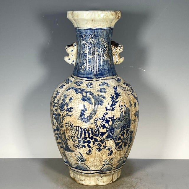 Ceramic Chinese Blue & White Crackle Glaze Porcelain Vase With Tiger & Figural Motif For Sale - Image 7 of 9