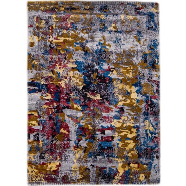 Modern Abstract Indian Handmade Multicolor Wool and Silk Rug For Sale - Image 12 of 12