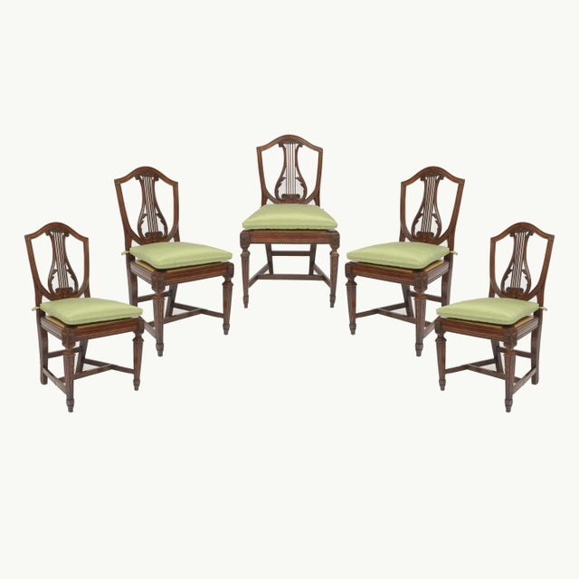 Early 19th Century Set of 5 Italian Walnut Lyre-Back Chairs For Sale - Image 12 of 12