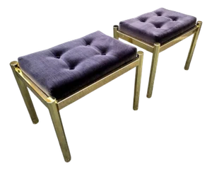 Pair of Vintage Koch Originals, Inc Brass Octagonal Legged and Tufted Velvet Footstools