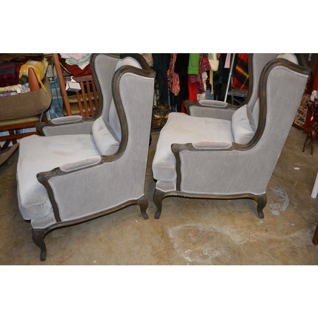 Gray Restoration Hardware Pair Lorraine Gray Velvet Wing Back Bergere Arm Chairs W/ Wood Surround For Sale - Image 8 of 17