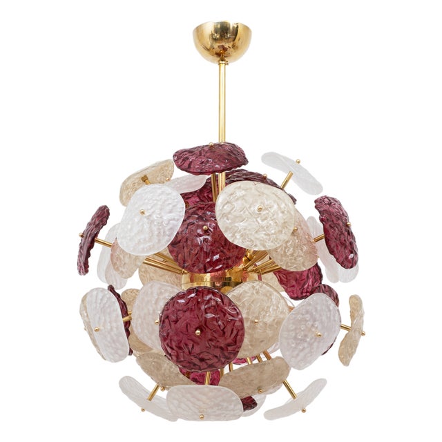 Sputnik Murano Glass Chandelier in Cherry Red, White and Champagne with Brass Structure, 2000 For Sale