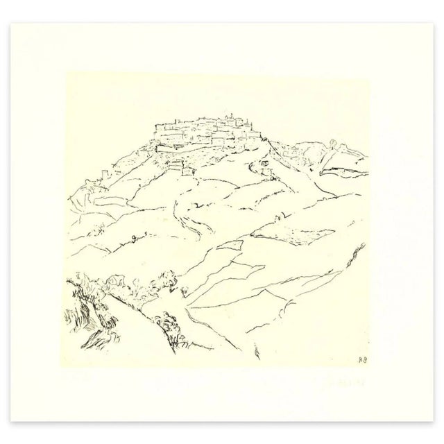 Image dimensions: 10.2 x 10.8 cm. Landscape is a black and white etching on paper, realized after 1960 by the italian...