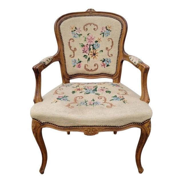 Queen Anne Victorian Carved Walnut Armchair with Floral Upholstery, 1920s For Sale