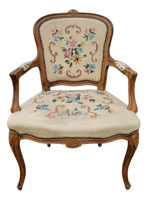 Queen Anne Victorian Carved Walnut Armchair with Floral Upholstery, 1920s