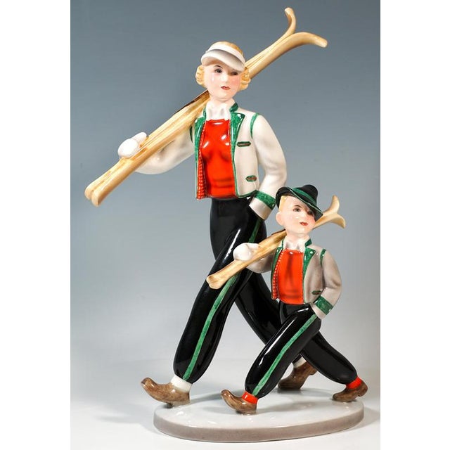 1930s Art Deco Tyrol Skiers Figure Group attributed to Stephan Dakon for Goldscheider, 1938 For Sale - Image 5 of 8