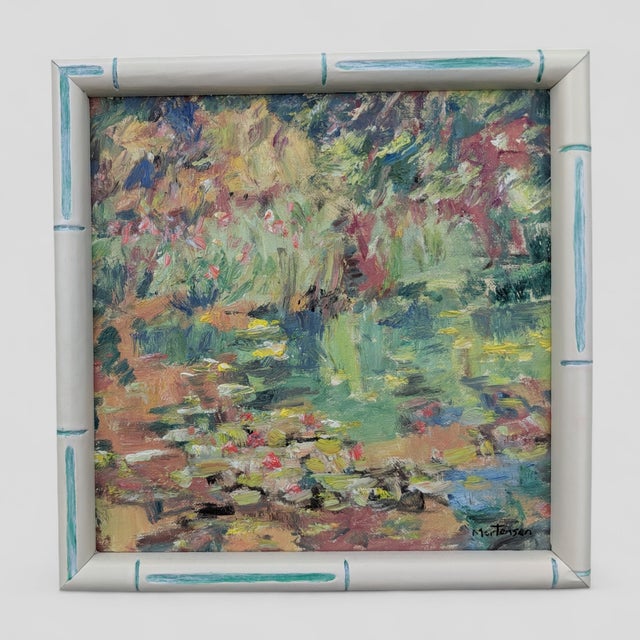 Textile Original Impressionist Painting Framed in Faux Bamboo Frame For Sale - Image 7 of 7