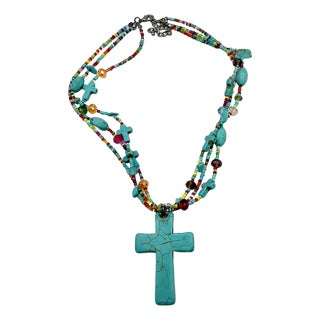 1970s Vintage Southwestern Navajo Boho Chic Faux Turquoise Cross Pennant Beaded Necklace, 22”0 For Sale