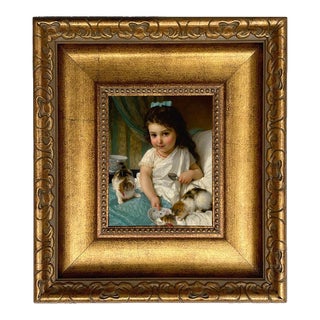 Young Girl With Kittens Framed 5x6" Oil Painting Print on Canvas For Sale