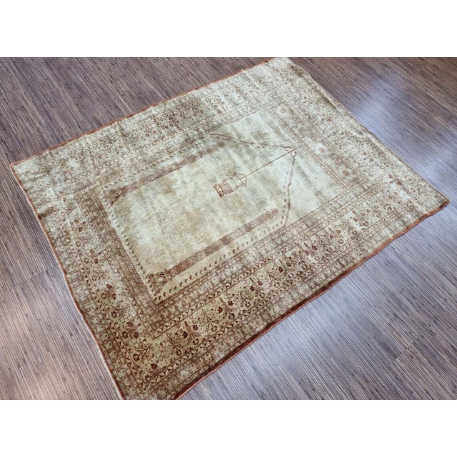 Handmade Antique Persian Style Tabriz Prayer Silk Rug 4' X 5.2', 1900s For Sale - Image 4 of 11