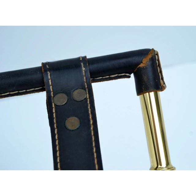 Jacques Adnet Leather & Faux Bamboo Folding Brass X Base Coffee Table Glass Top For Sale - Image 10 of 13