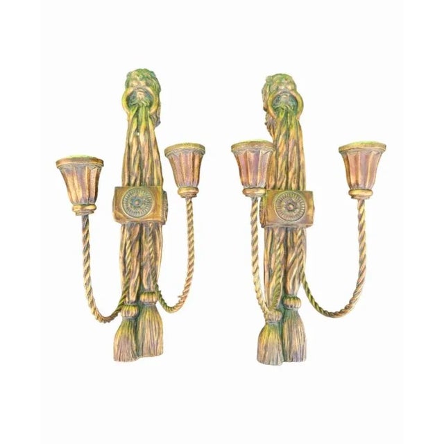 Vintage Lion Head Braided Draped Tassel Double Arm Antique Gold Candle Holders- a Pair For Sale - Image 10 of 10