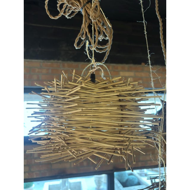 Pair of Small Cylindrical French Rattan Pendant Lights For Sale - Image 4 of 11