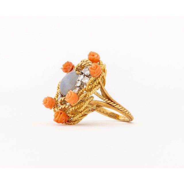 Metal 18k Rose Gold Star Sapphire Coral Diamond Ring For Sale - Image 7 of 10