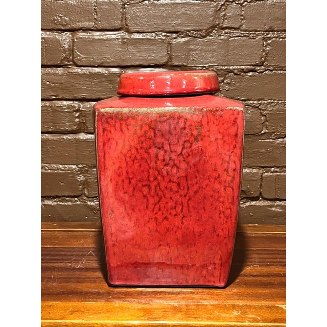 Late 20th Century Large Heavy Red Oxblood Glazed Ceramic Square Ginger Jar Canister 14" For Sale - Image 5 of 9