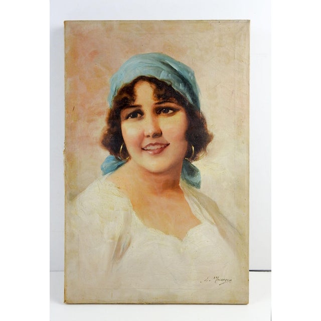 Portraiture Early 20th Century Girl With Blue Scarf Portrait Painting For Sale - Image 3 of 3