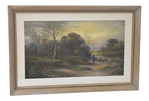 Shepherding Sheep Down a Country Land Original Pastel Painting c.1920
