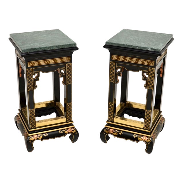 Antique Chinoiserie Lacquered Side Tables with Marble Top, 1950s, Set of 2 For Sale