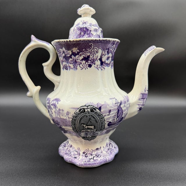 A Very Rare and Unusual Purple and Gray Transferware Decorated Coffeepot, Circa 1830's Unknown pattern or maker. Made in...