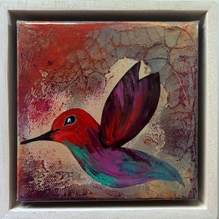 Hummingbird #4 by Ana Hefco | Tinted Layered Resin on Stretched Canvas Hummingbird in vibrant colors For Sale