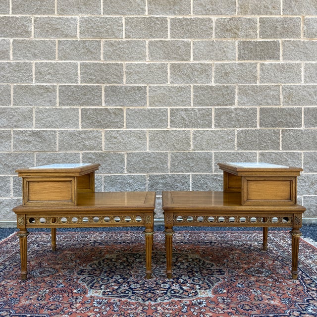 Vintage Gordon's Fine Furniture French Louis XVI Walnut Step Back Side Tables With Italian Marble Inserts - A Pair For Sale - Image 12 of 18