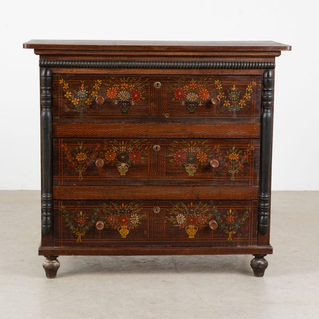 Folk Art 19th Century Hungarian Original Hand-Painted Pine Chest of Three Drawers For Sale - Image 3 of 16