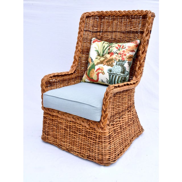 Mid 20th Century 1960s Sculptural Braided Wicker Wingback Rattan Chair & Ottoman Set For Sale - Image 5 of 12