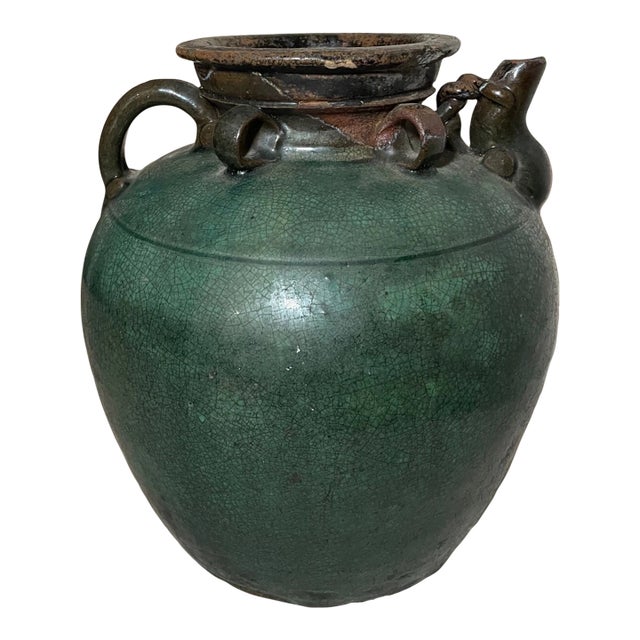 Antique Handmade Chinese Ming Dynasty Pottery Terracotta Green Glaze Wine Jug For Sale