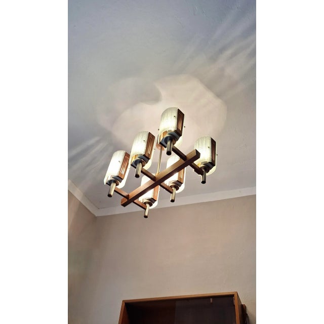 1960s Brutalist Teak and Art Glass Chandelier, 1960s For Sale - Image 5 of 9