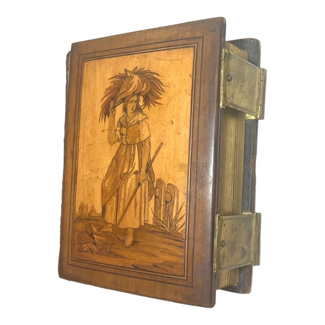 Antique 1800's Handmade Inlaid Marquetry Wood Brass Photo Album W/ Photographs For Sale