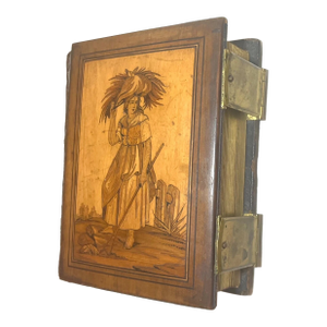 Antique 1800's Handmade Inlaid Marquetry Wood Brass Photo Album W/ Photographs