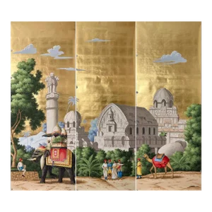 Early View of India Panoramic Mural Hand Painted Wallpaper on Gold Metallic 3ftx8ft/Panel - 3 Panels